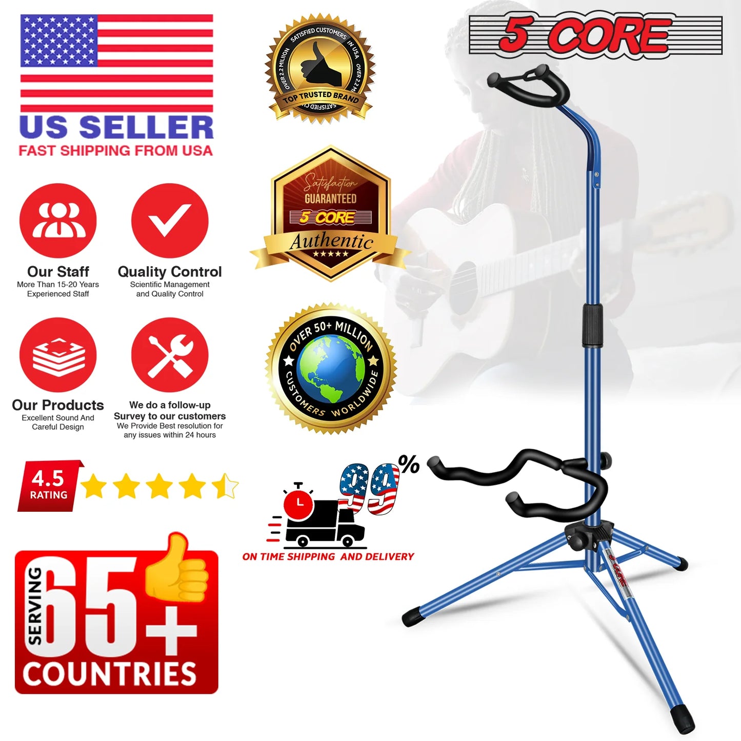 5 Core Guitar Stand Floor Adjustable Heavy Duty W Neck Holder for Acoustic Electric Classic Bass