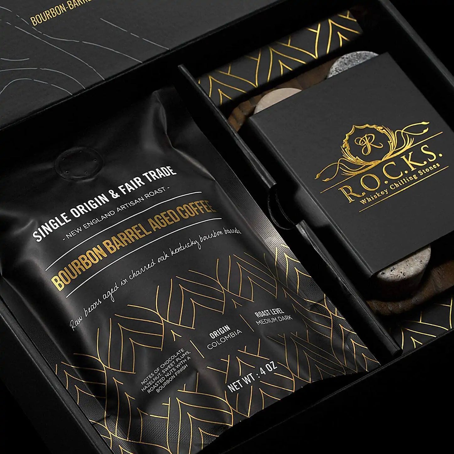 Cask & Coffee Collection Gourmet Gift Set - Whiskey Stones & Bourbon Barrel Aged Coffee