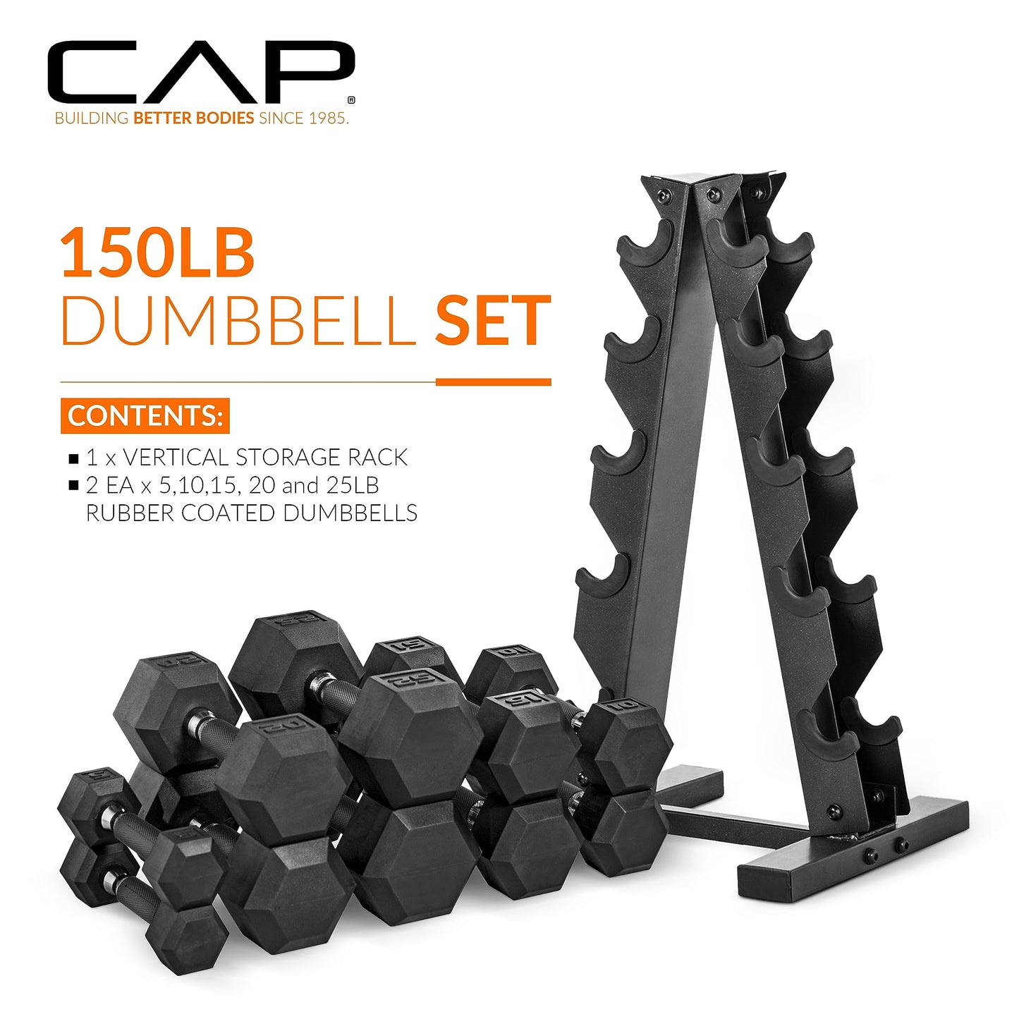 CAP Barbell 150 LB Coated Hex Dumbbell with Tinted Handle Weight Set and Vertical Rack