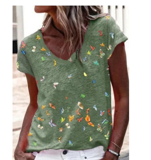 Ladies' Printed V-neck Short-sleeve T-shirt