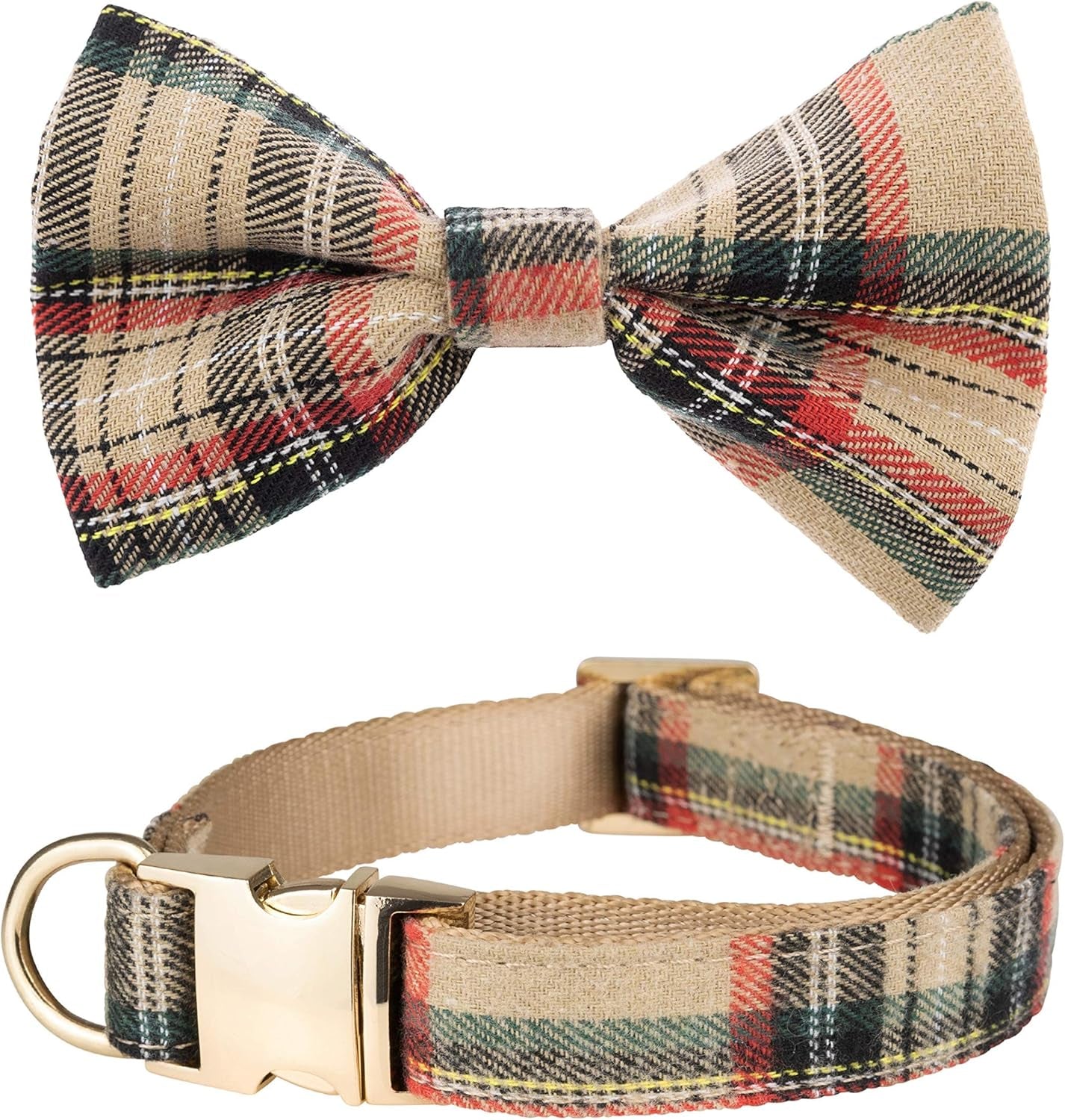 Scottish Tartan Bowtie Dog Collar & Leash Set with Detachable Bow Tie for Girl or Boy Dogs Comfortable Plaid Pattern, Fully Adjustable, Great Pet Gift (XS, Beige)