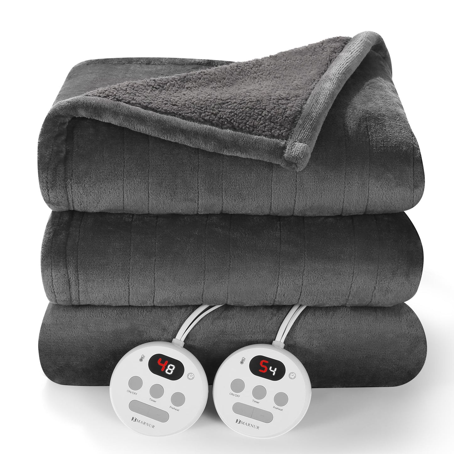 Electric Heated Blanket Queen Size 84''X90'', Fast Heating with Dual Controllers, 10 Heating Levels, 10H Timers, Preheat Function - Gray