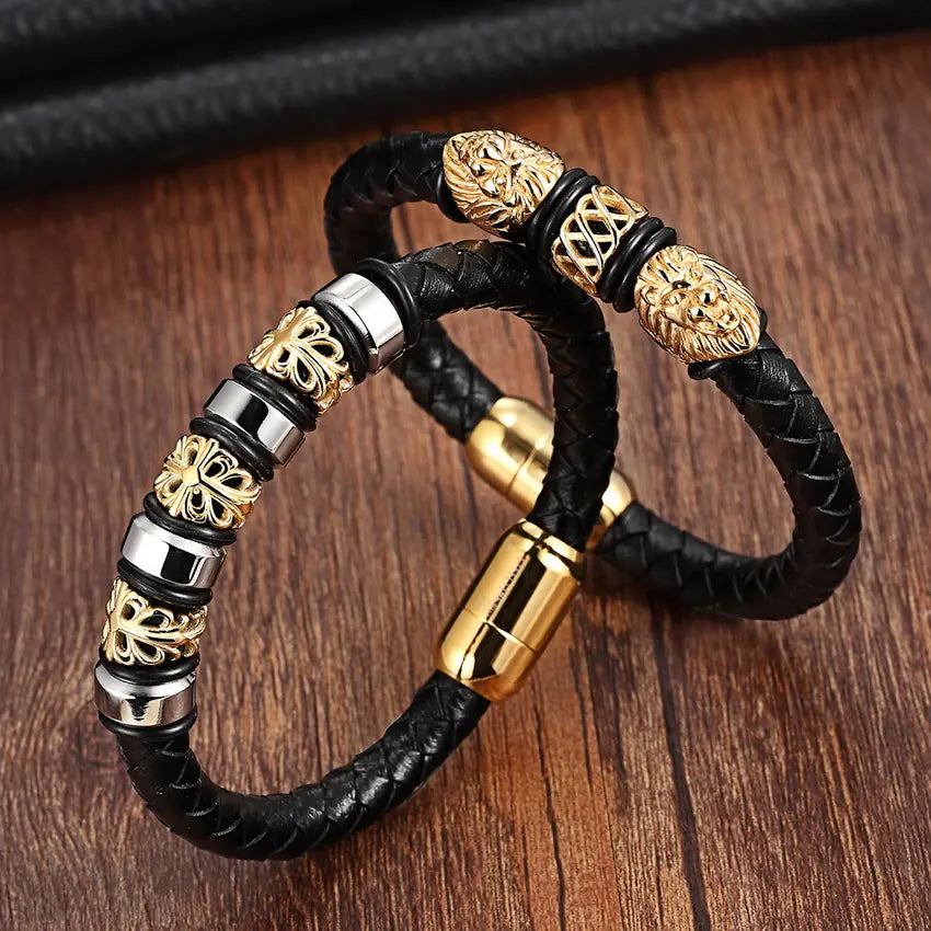Titanium Steel Men's Bracelet with Leather Rope