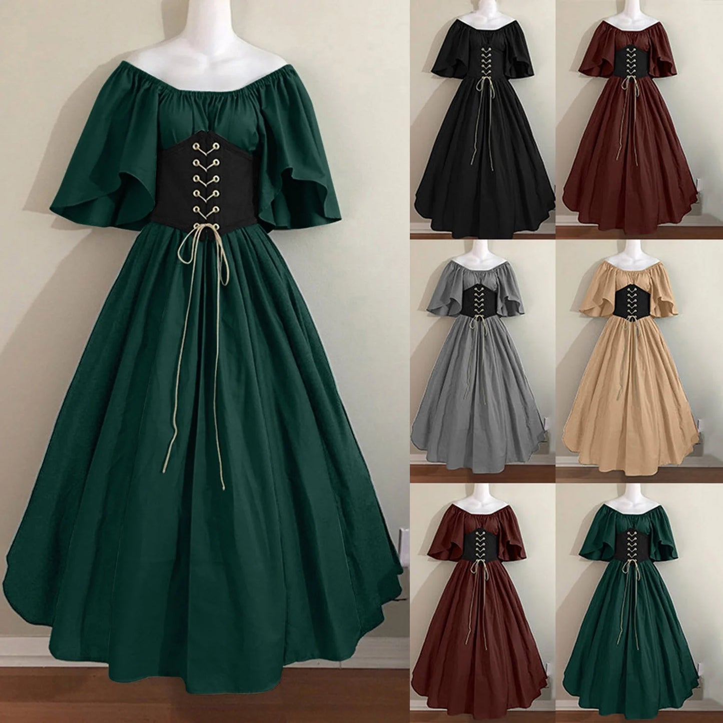 Enchanting Womens Renaissance Faire Dress - Plus Size Medieval Irish Corset Gown with Ruffle Over Dress for Retro Cosplay