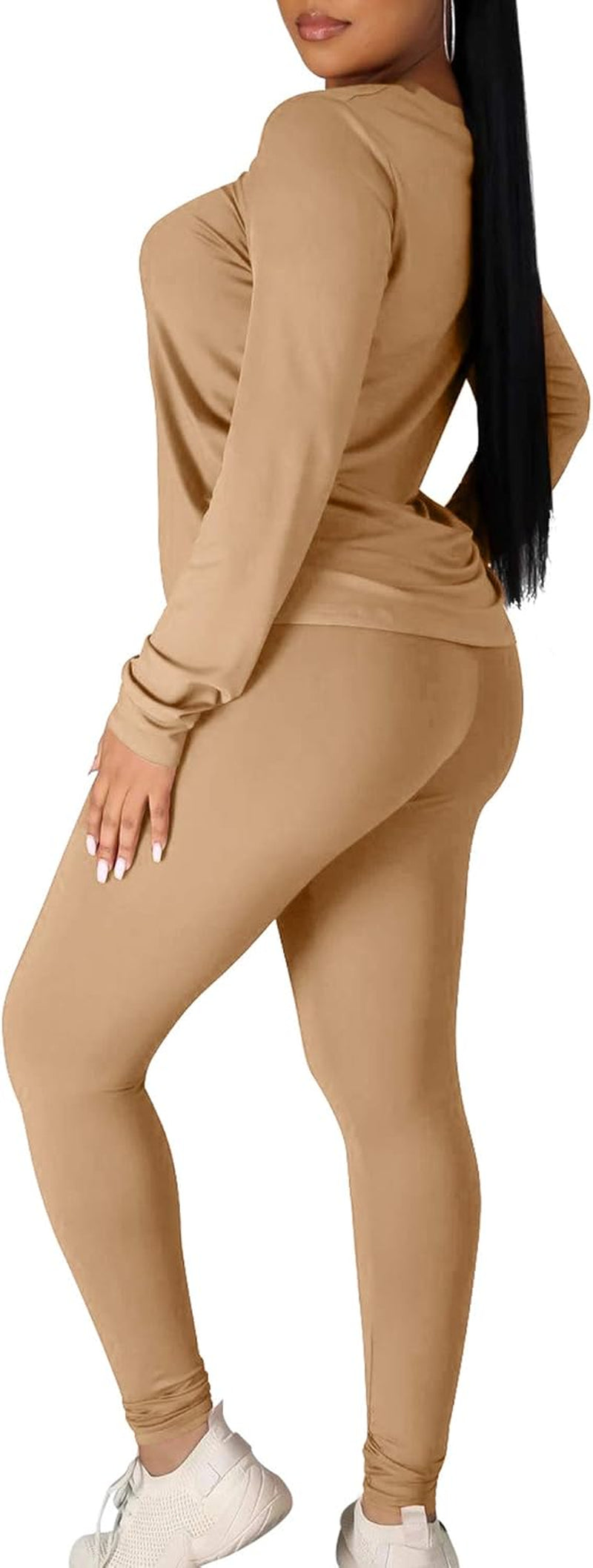 Elevate Your Workout Style with Kaximil Women's 2 Piece Tracksuit - Chic Long Sleeve Top and Legging Jogger Pants Set in Khaki