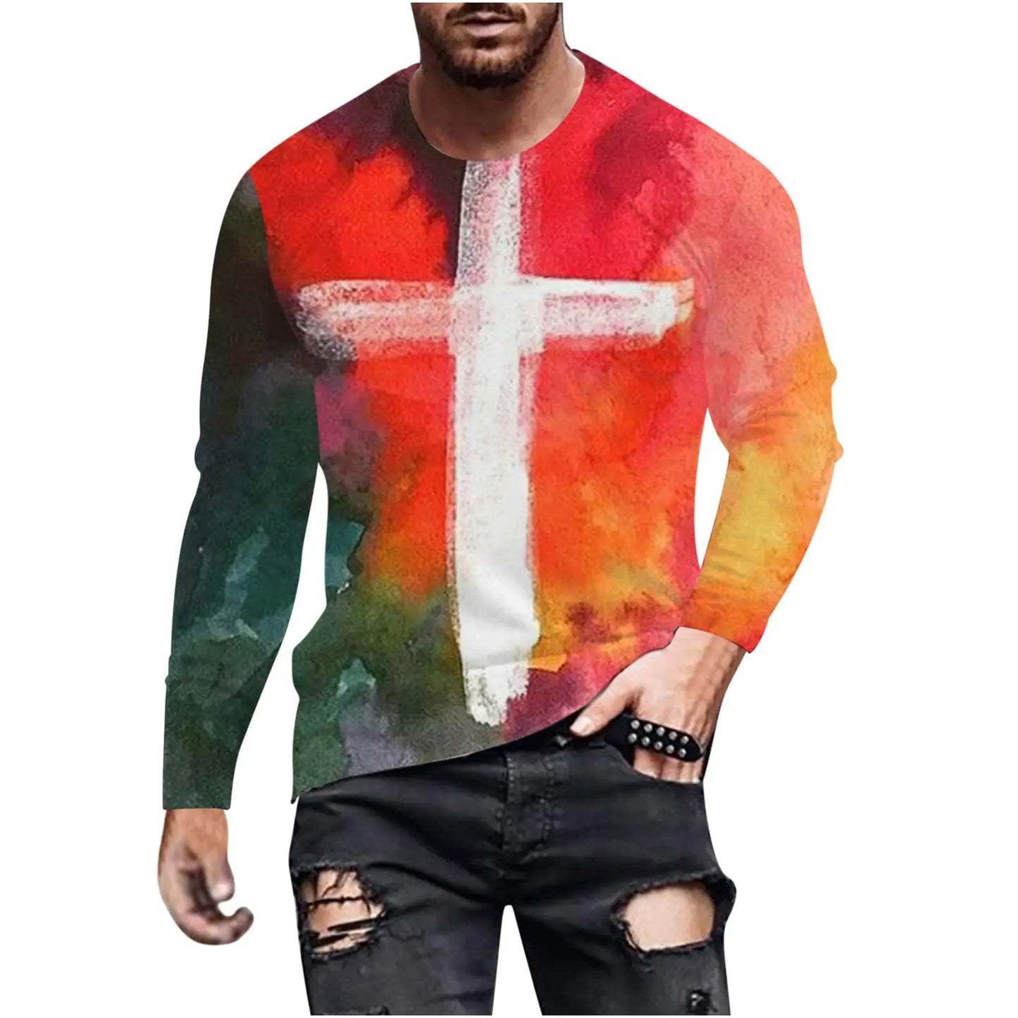 Mens 3D Street Faith Jesus Cross Print T-Shirt Soldier Long Sleeve Shirts Faith Christian Religious Bible Tee Tops