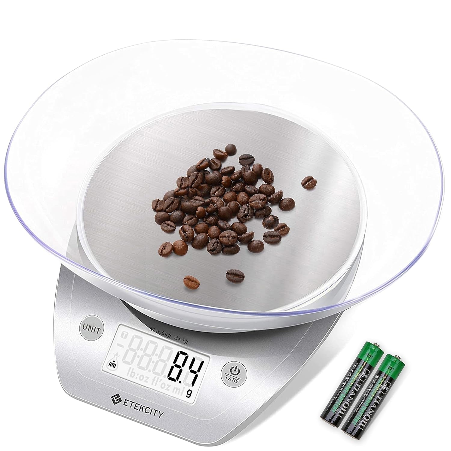 0.1G Food Kitchen Scale, Bowl, Digital Grams and Ounces for Weight Loss, Dieting, Baking, Cooking, and Meal Prep, 11Lb/5Kg, Stainless Steel Silver