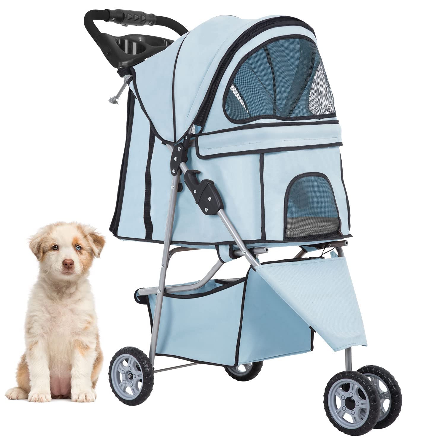 Light Blue 3-Wheel Pet Stroller for Dogs & Cats - Foldable, Waterproof Travel Carrier with Cup Holder - Ideal for Medium & Small Pets