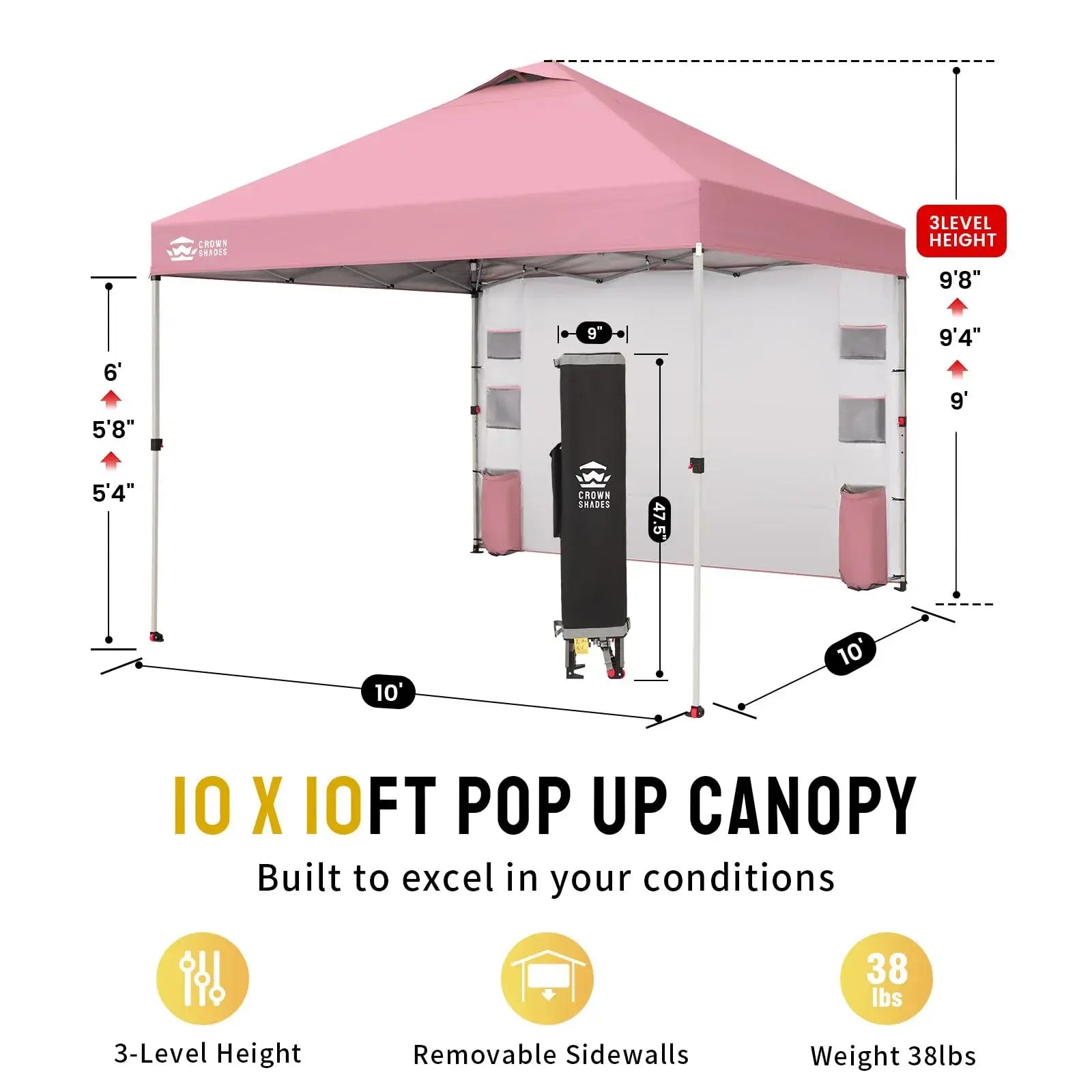 CROWN SHADES 10x10 Pop-Up Canopy Tent - Ultimate Outdoor Shade Solution with Sidewall for Camping, Beach, and Events