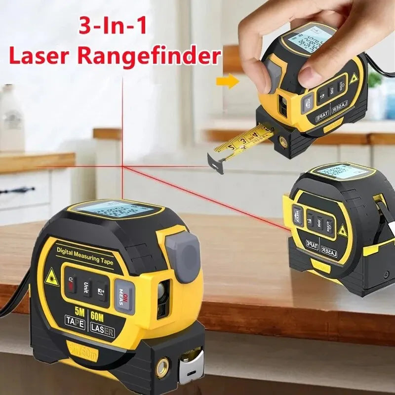 Revolutionary 3-in-1 Laser Tape Measure: High Precision Digital Rangefinder with Steel Tape and Cross-Marking Functionality