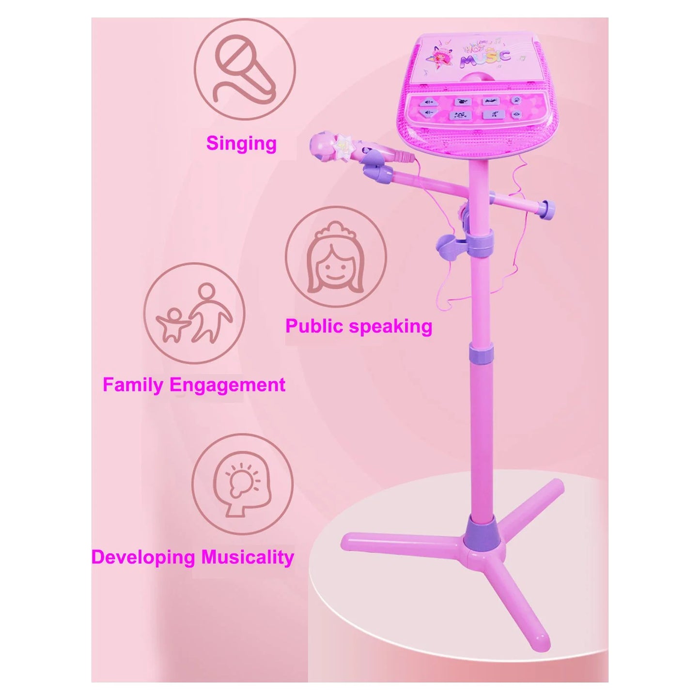 Kids Karaoke Machine Microphone Musical Toys - Girls Pink Singing Karaoke Adjustable Stand Music Instruments Sound & Flashing Lights Toy