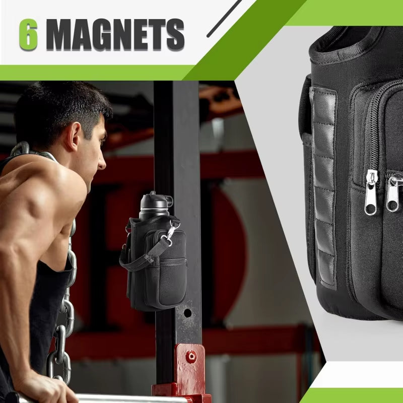 Magnetic Water Bottle Holder: Ultimate Gym Carrier Bag with Phone Pocket & Shoulder Strap - 6 Strong Magnets for Easy Access