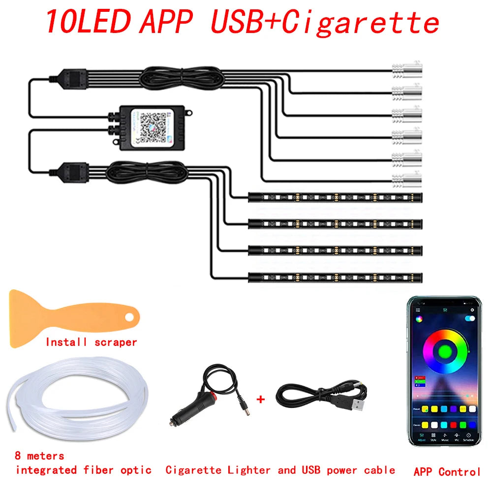Transform Your Ride with RGB LED Car Interior Ambient Strip Lights - APP Remote Control & Fiber Optic Neon Atmosphere Kit!