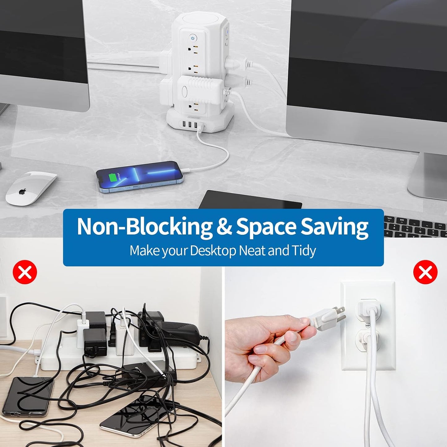 Power Up Your Space: 10 FT Extension Cord Power Strip Tower with 16 Outlets, 4 USB Ports, and Surge Protection - Perfect for Home, Office, and Dorm!