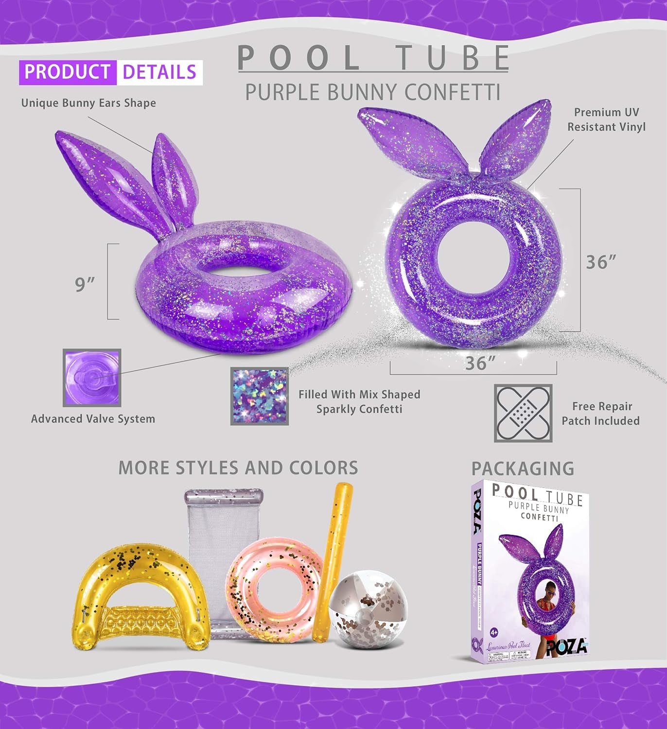 Confetti Bunny Ears Inflatable Pool Float - 36" Premium UV Resistant Swim Ring for Kids & Adults - Heavy Duty Fun for Summer Pool Parties - Purple