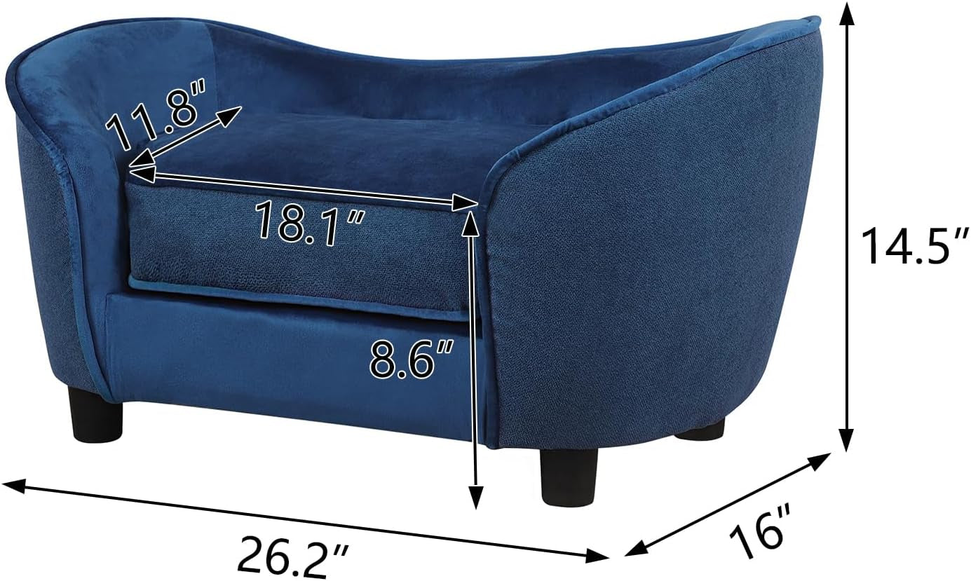 Luxurious Velvet & Linen Pet Sofa Bed with Removable Washable Cushion - Perfect for Small Dogs and Cats (Blue)