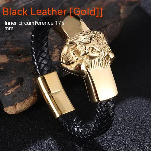 Titanium Steel Lion's Head Bracelet with Leather Rope