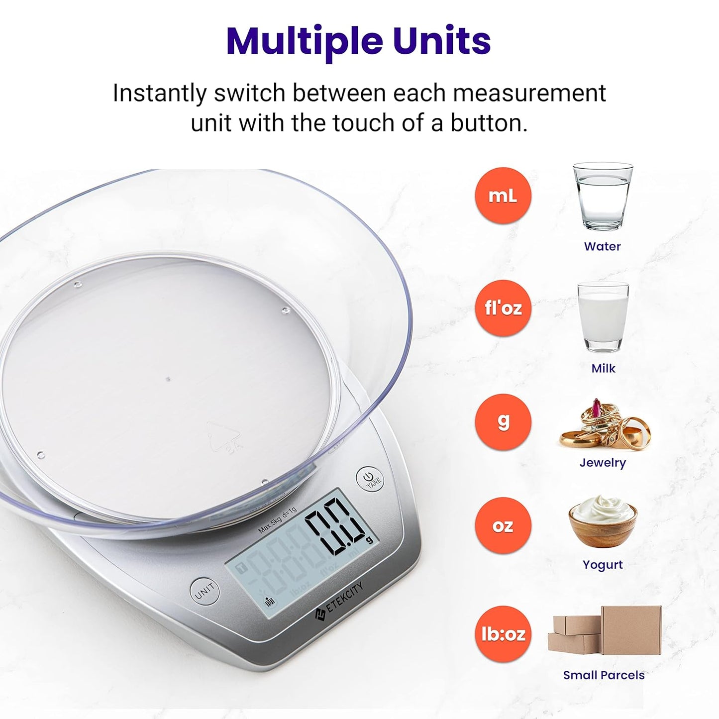 0.1G Food Kitchen Scale, Bowl, Digital Grams and Ounces for Weight Loss, Dieting, Baking, Cooking, and Meal Prep, 11Lb/5Kg, Stainless Steel Silver