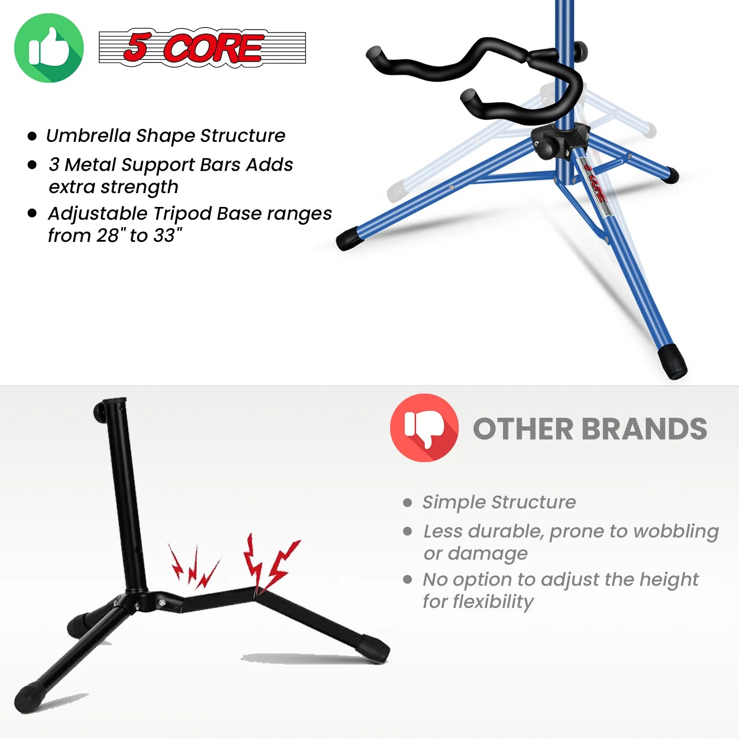 5 Core Guitar Stand Floor Adjustable Heavy Duty W Neck Holder for Acoustic Electric Classic Bass