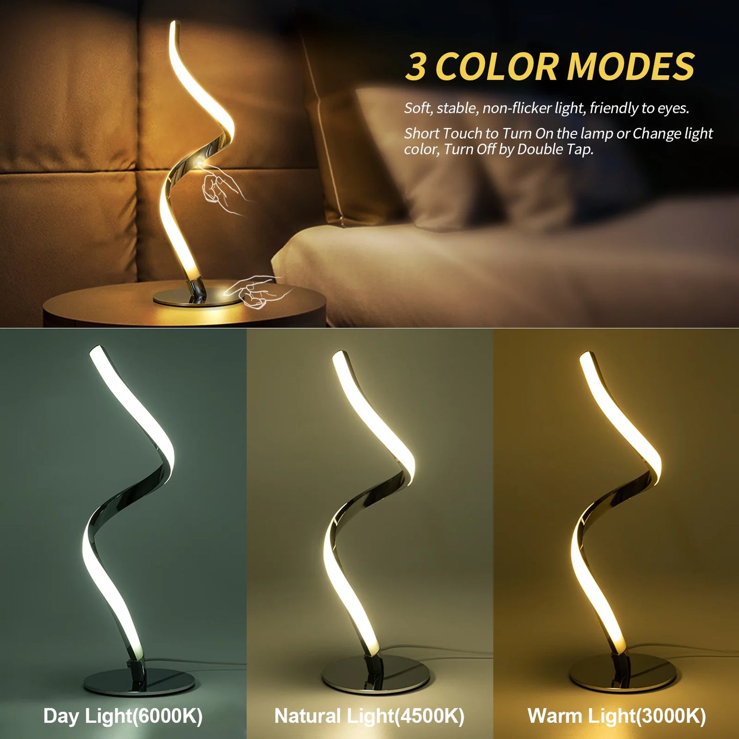 Modern Spiral Touch Control Table Lamp - Fully Dimmable Bedside Lighting in 3 Gorgeous Colors for Any Room