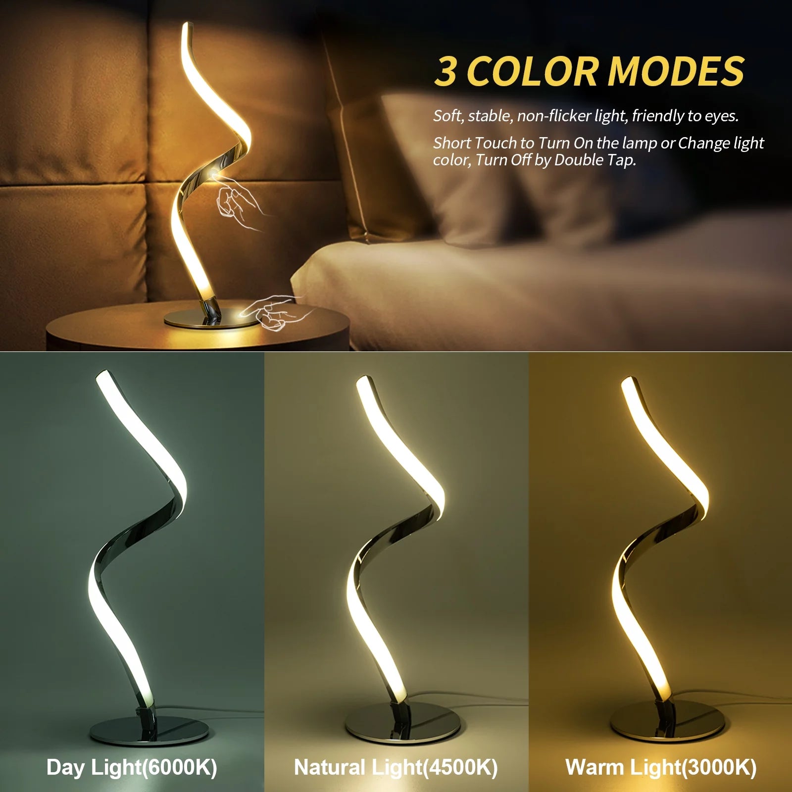 Modern Spiral Touch Control Table Lamp - Fully Dimmable Bedside Lighting in 3 Gorgeous Colors for Any Room