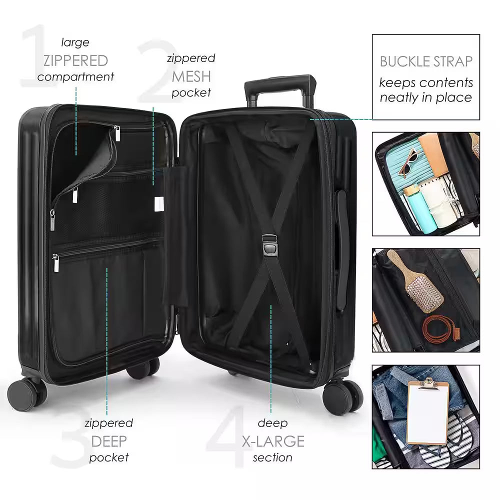Elevate Your Travel Experience with Our 2-Piece Black Hardside Carry-On Luggage Set - Airline Approved with USB Charging Capability!