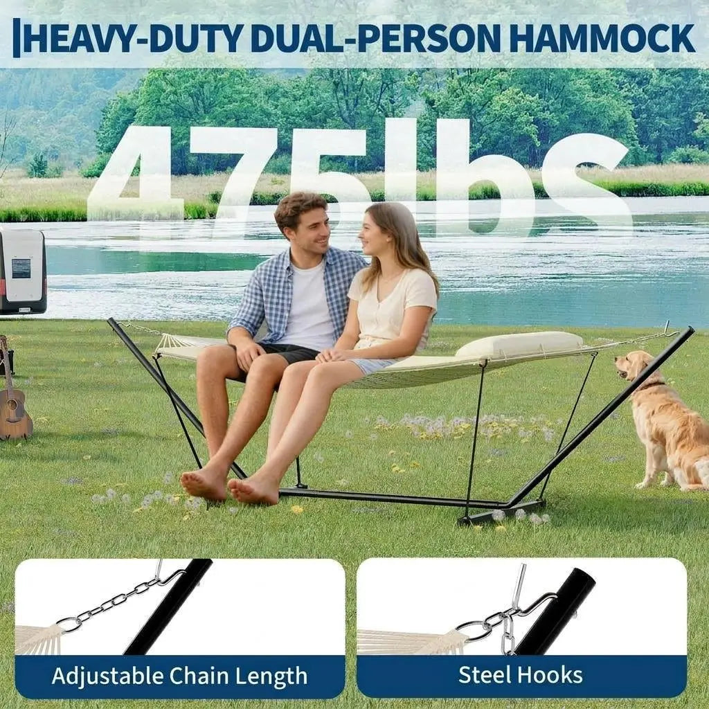 Experience Ultimate Relaxation with Our Heavy-Duty Portable Double Hammock for Two – Complete with Pillow & Adjustable Steel Stand, 475 Lbs Capacity – Perfect for Outdoor Patios, Gardens, Beaches, and Backyards this Summer!