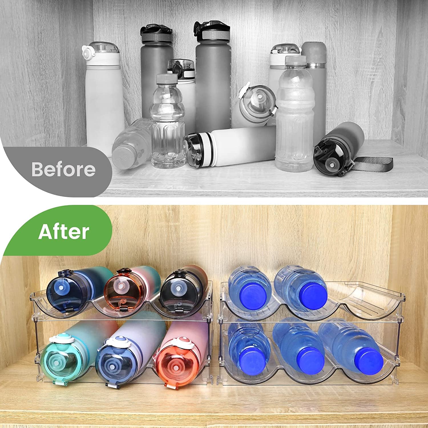Stackable Water Bottle Organizer - 2 Pack Cabinet Storage Rack for Efficient Water Bottle Storage