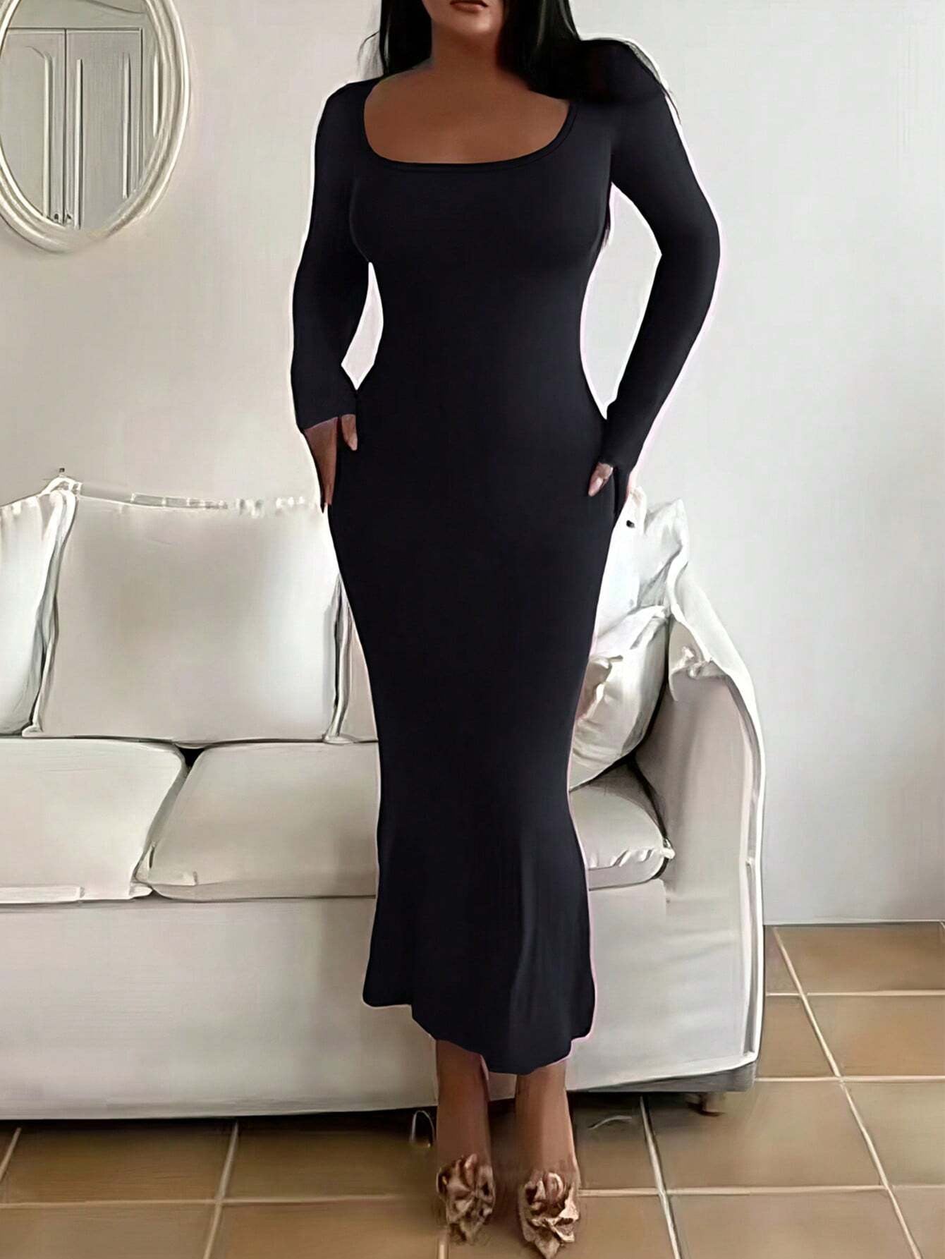 INAWLY SHEIN Ezwear Solid Scoop Neck Bodycon Dress