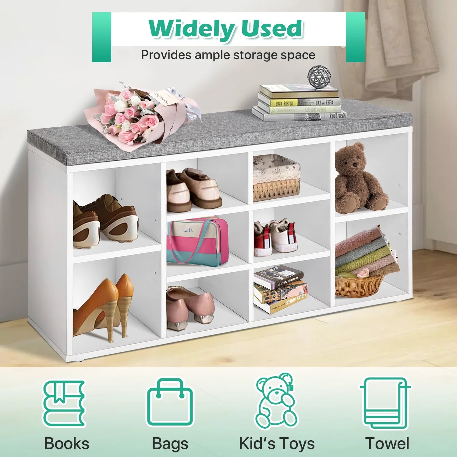 Shoe Bench Entryway Bench with Shoe Storage Shoe Rack Organizer 10 Compartments Storage Bench with 1.2 Inch Cushion Adjustable Shelves for Entryway,Living Room, Bedroom (White)