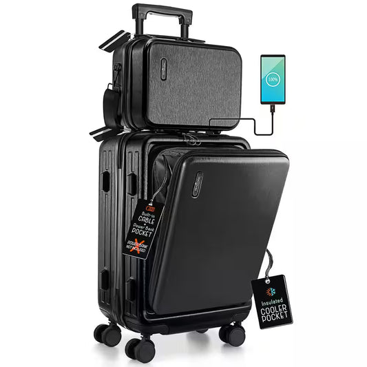Elevate Your Travel Experience with Our 2-Piece Black Hardside Carry-On Luggage Set - Airline Approved with USB Charging Capability!