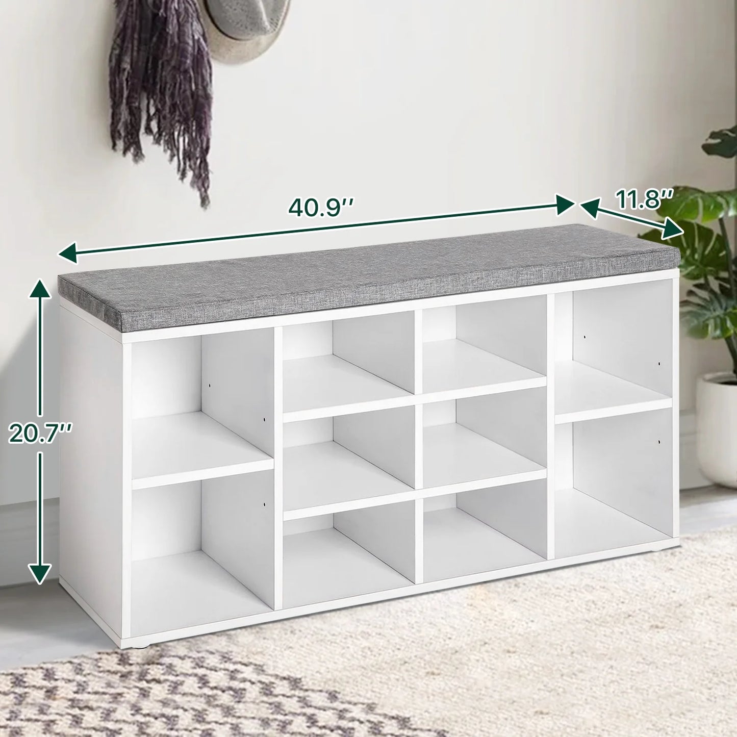 Shoe Bench Entryway Bench with Shoe Storage Shoe Rack Organizer 10 Compartments Storage Bench with 1.2 Inch Cushion Adjustable Shelves for Entryway,Living Room, Bedroom (White)