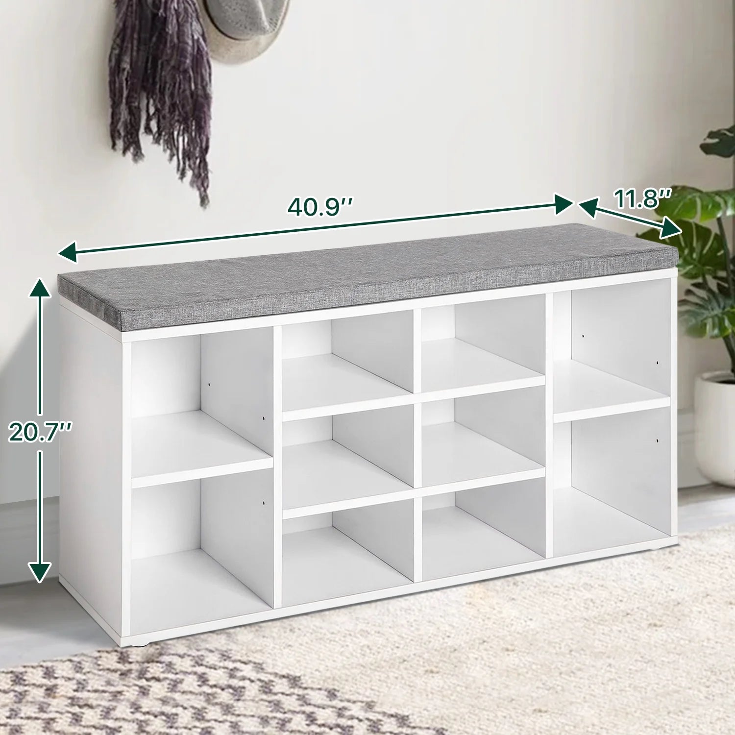 Shoe Bench Entryway Bench with Shoe Storage Shoe Rack Organizer 10 Compartments Storage Bench with 1.2 Inch Cushion Adjustable Shelves for Entryway,Living Room, Bedroom (White)
