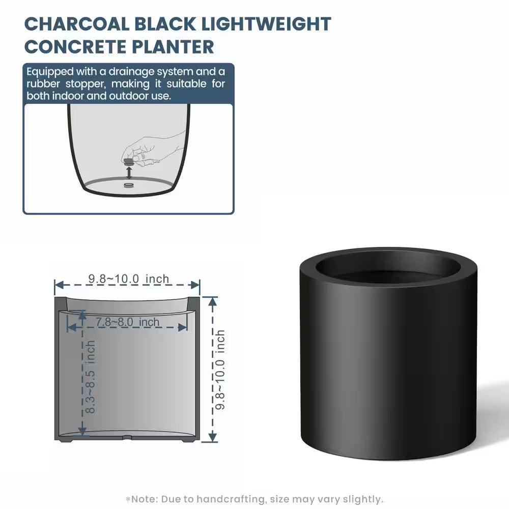 10 In. W X 10 In. H Charcoal Black Large Tall round Concrete Planter / Garden Plant Pot for Indoor and Outdoor