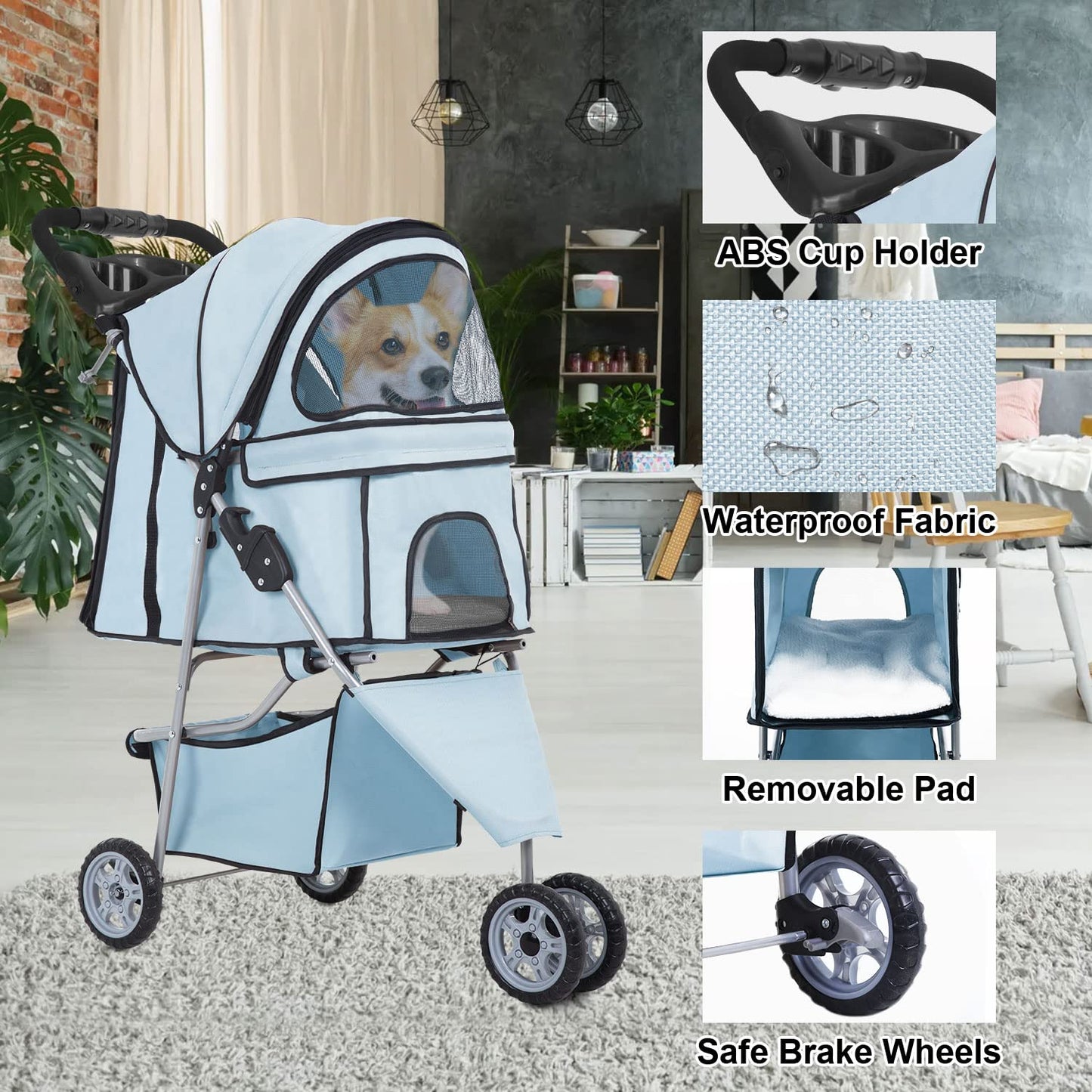 Light Blue 3-Wheel Pet Stroller for Dogs & Cats - Foldable, Waterproof Travel Carrier with Cup Holder - Ideal for Medium & Small Pets