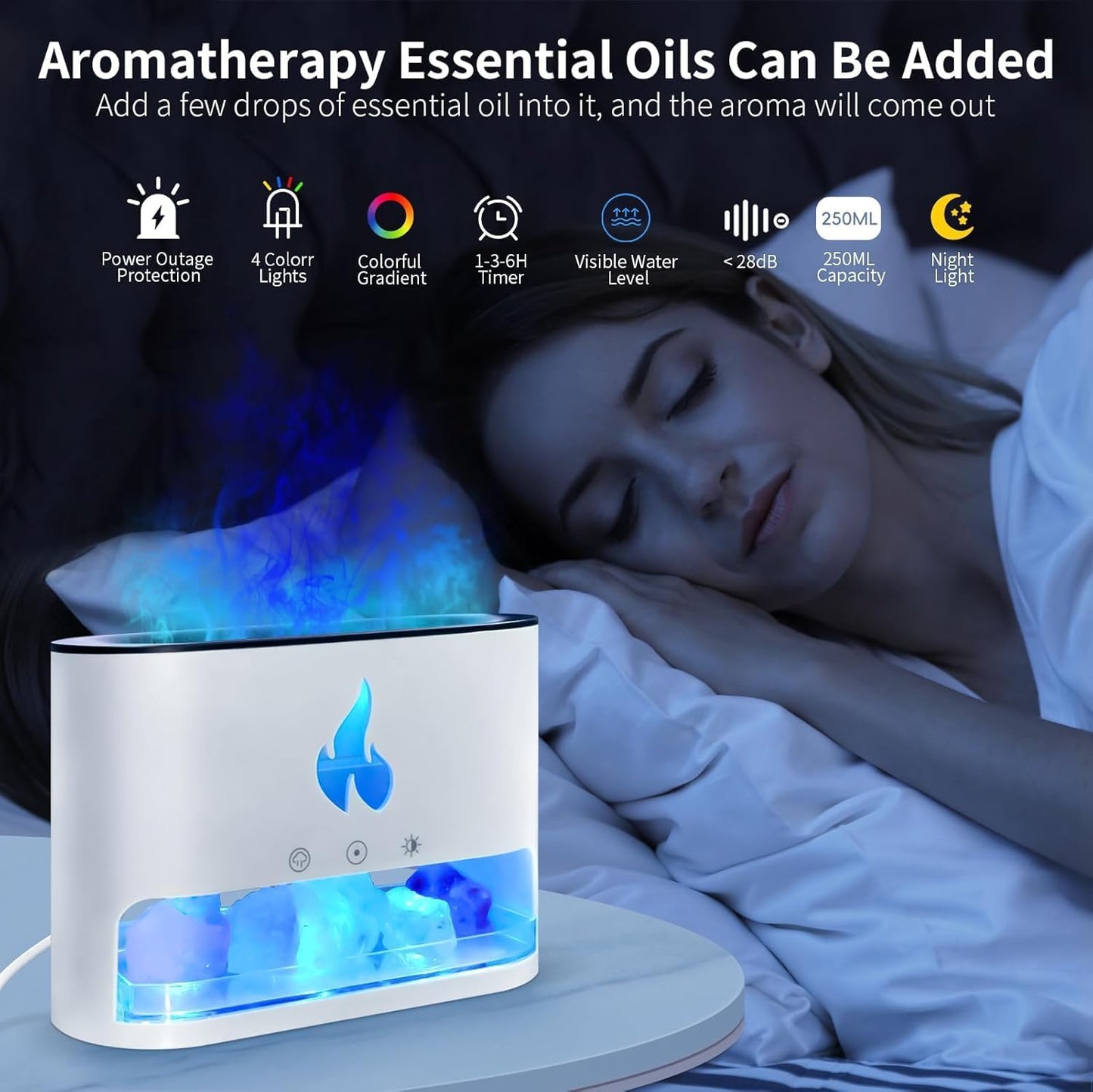 Colorful Flame Salt Lamp Humidifier & Essential Oil Diffuser for Home, Office & Yoga - 250ml with Timer