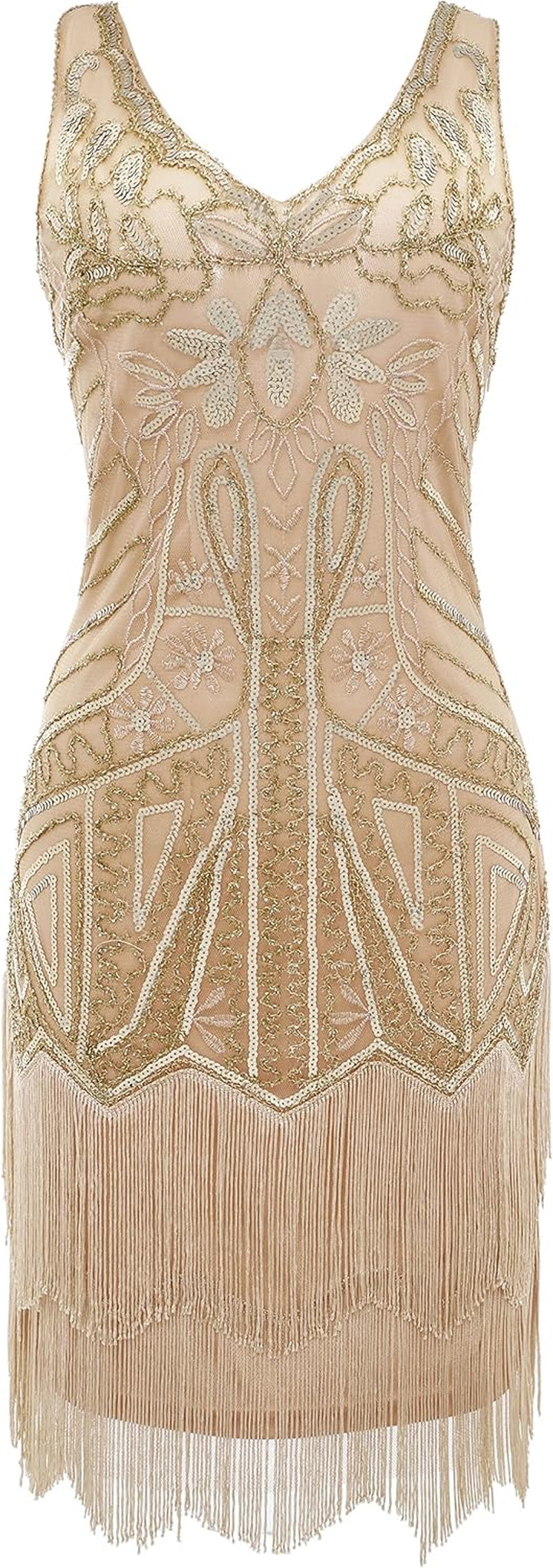 Glamorous 1920s Women's Flapper Dress - Beaded V-Neck Fringed Cocktail Attire in Champagne & Gold