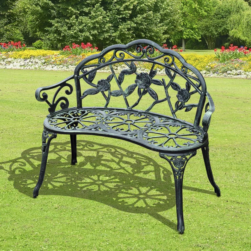 Westgrove Park Bench，Outdoor Bench, Cast Aluminum Outdoor Furniture, Metal Bench with Floral Rose Accent & Antique Finish
