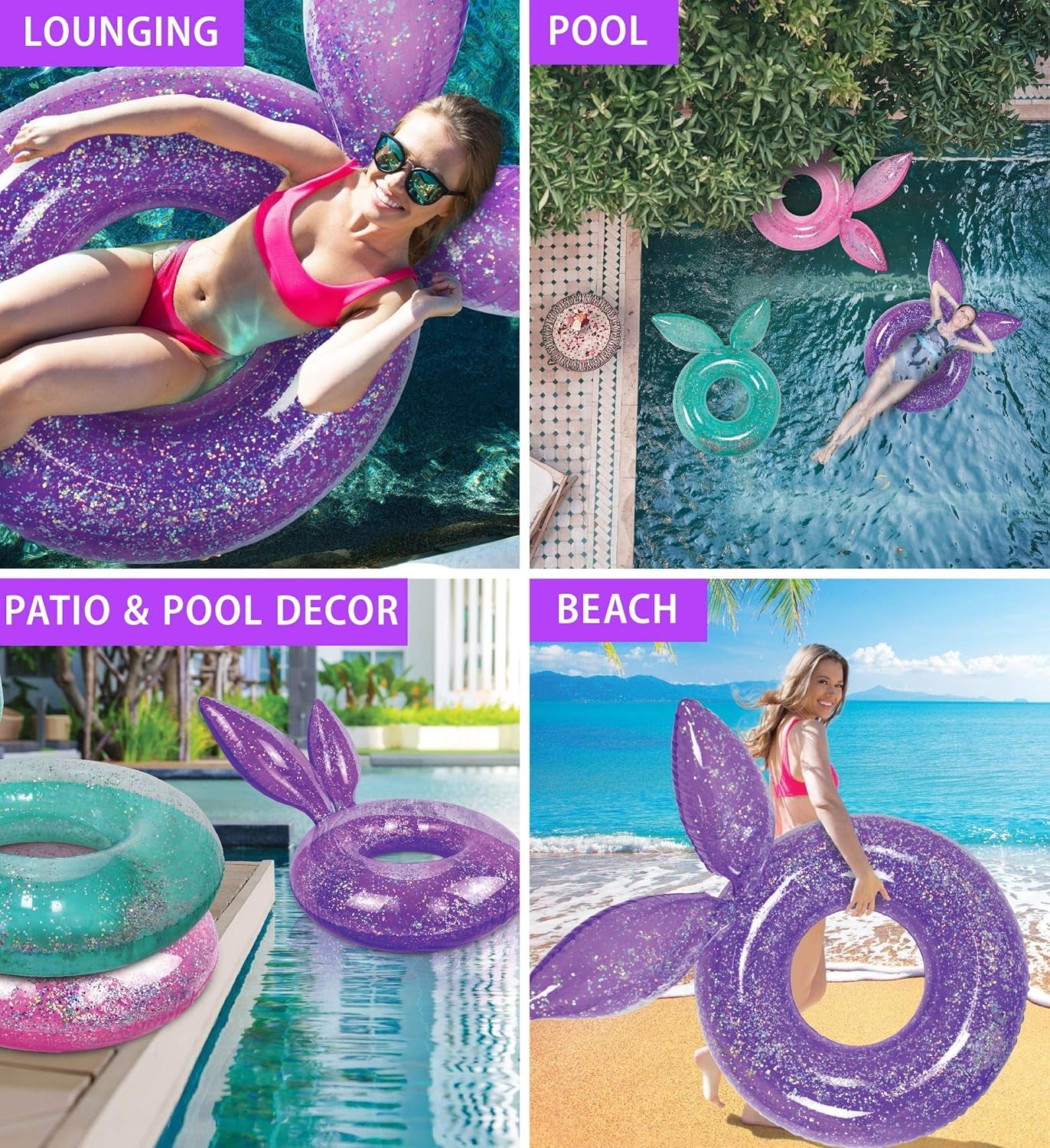 Confetti Bunny Ears Inflatable Pool Float - 36" Premium UV Resistant Swim Ring for Kids & Adults - Heavy Duty Fun for Summer Pool Parties - Purple