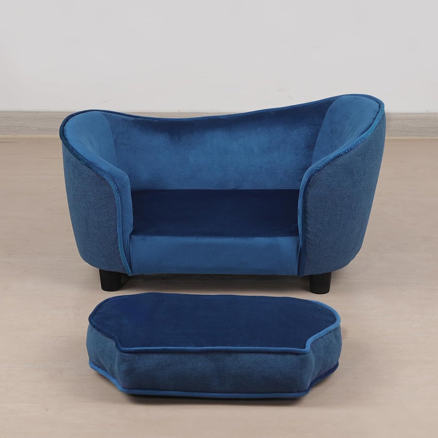 Luxurious Velvet & Linen Pet Sofa Bed with Removable Washable Cushion - Perfect for Small Dogs and Cats (Blue)