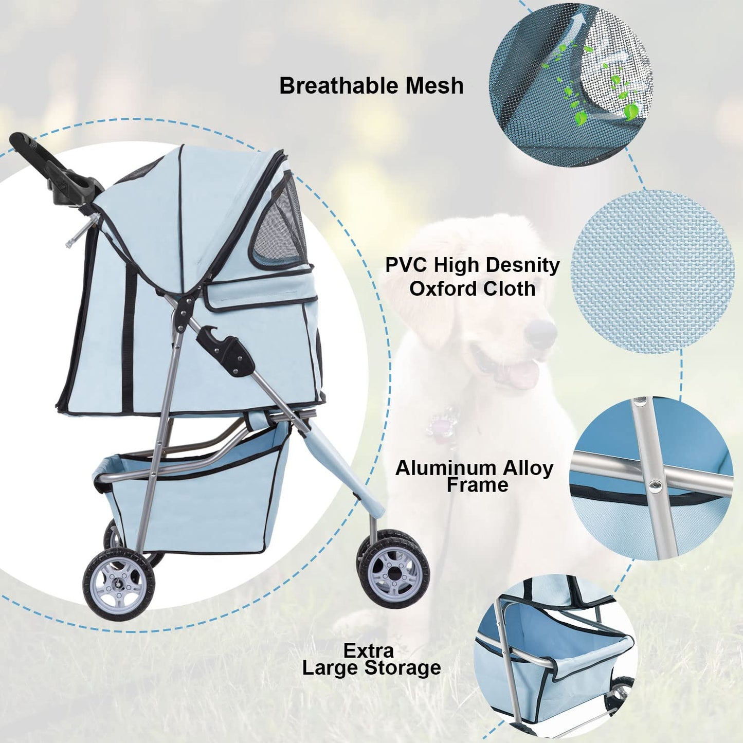 Light Blue 3-Wheel Pet Stroller for Dogs & Cats - Foldable, Waterproof Travel Carrier with Cup Holder - Ideal for Medium & Small Pets