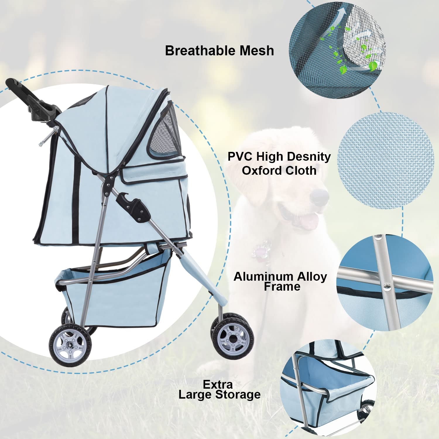 Light Blue 3-Wheel Pet Stroller for Dogs & Cats - Foldable, Waterproof Travel Carrier with Cup Holder - Ideal for Medium & Small Pets