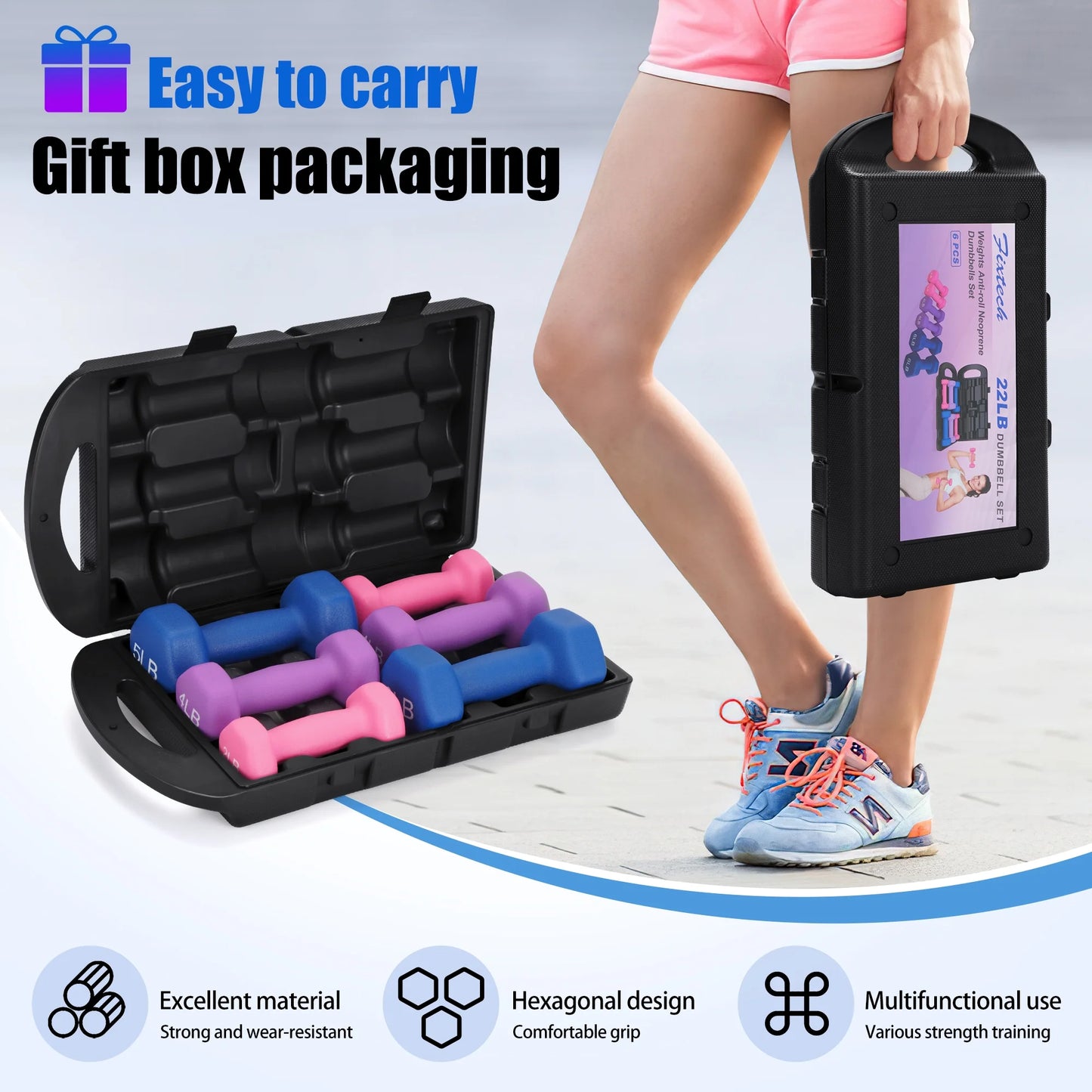 22 Lb Neoprene Dumbbell Set with Storage Box - Anti-Slip Hex Dumbbells for Strength & Resistance Training