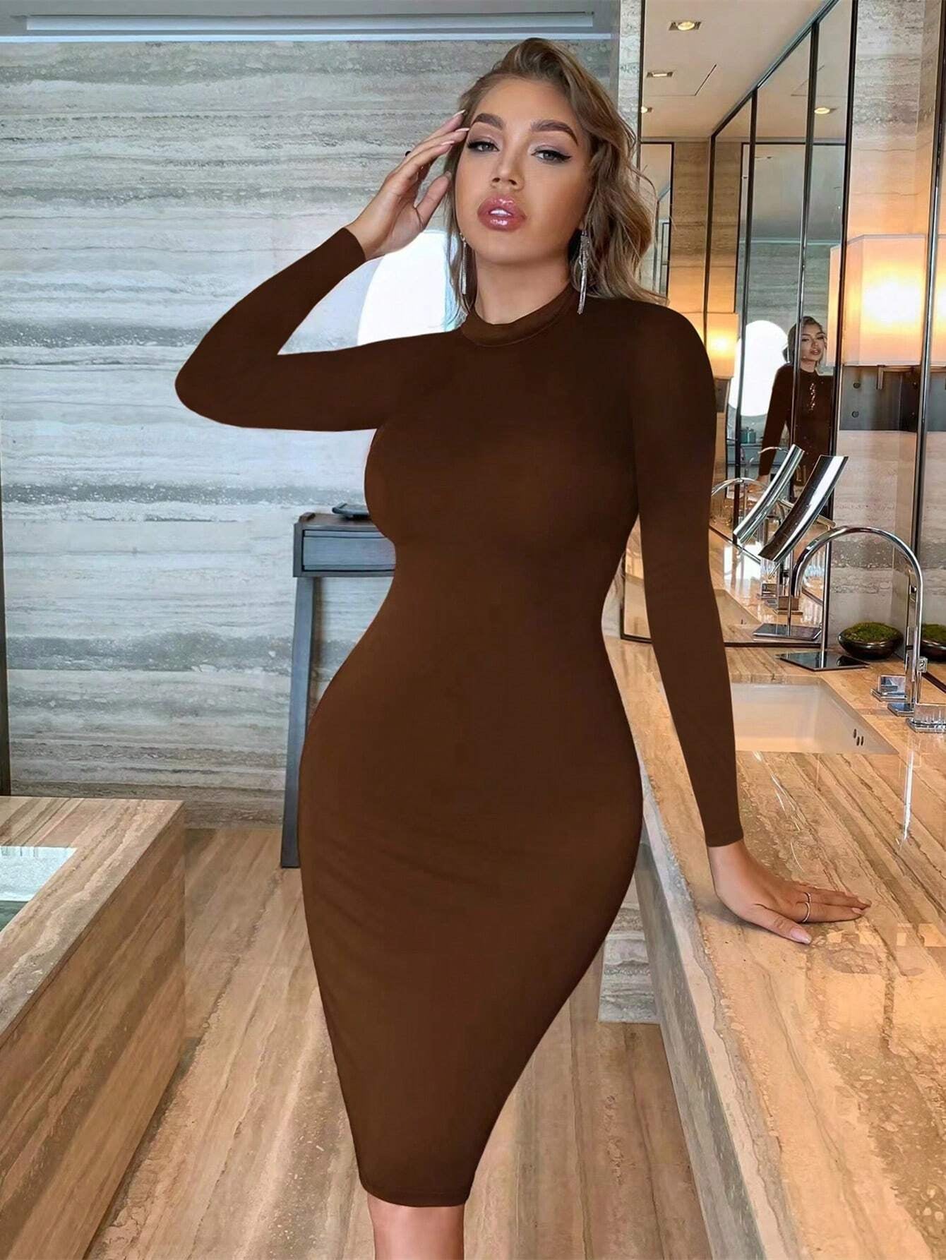 INAWLY SHEIN Ezwear Solid Scoop Neck Bodycon Dress