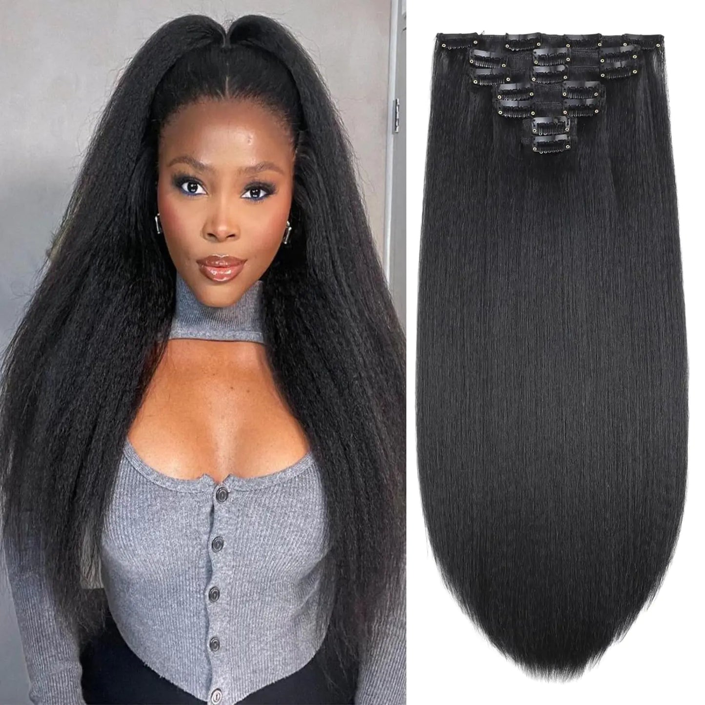 24 Inch Kinky Straight Clip in Hair Extensions Natural Black 7 Pcs Yaki Straight Clip in Hair for Black Women 145G Full Head Yaki Straight Seamless Clip in Synthetic Hair