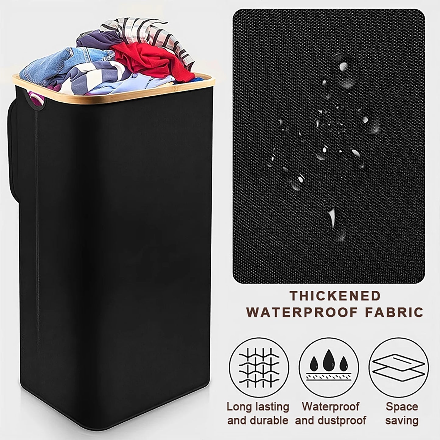 Stylish 100L Black Laundry Hamper with Lid and Bamboo Handles - Perfect for Organizing Clothes and Toys with Removable Inner Bag!