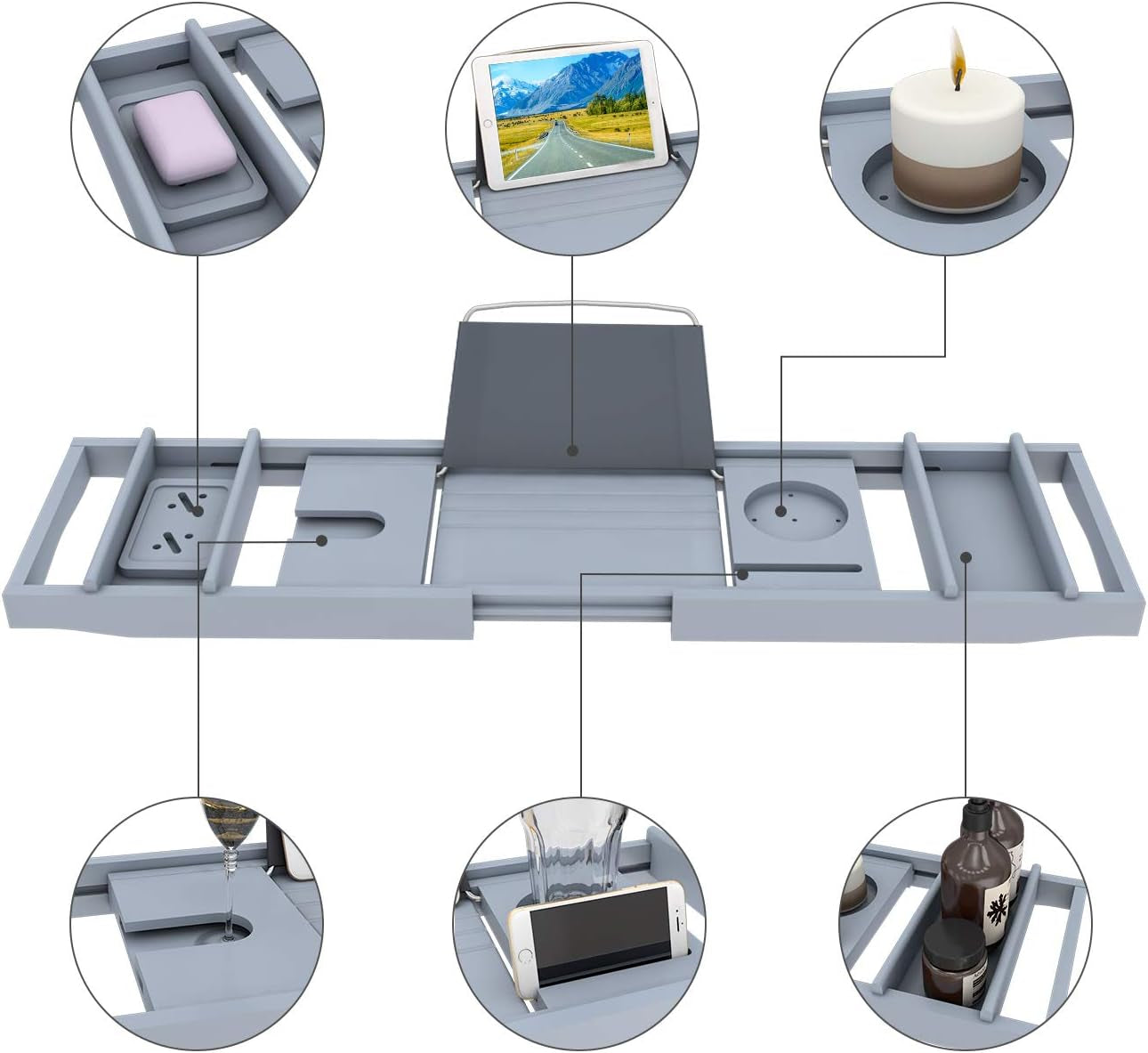 Bathtub Caddy Tray Expandable Bamboo Tub Tray for Luxury Bath with Book Holder and Free Soap Dish (Gray, 29.4"-44.2"X 9.1"X1.65")