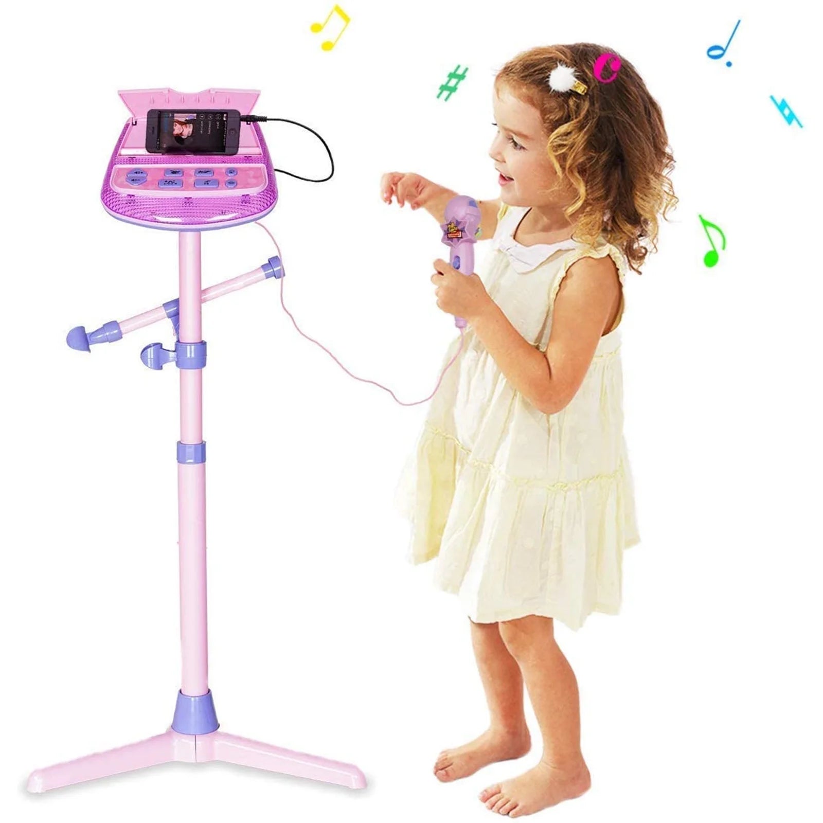 Kids Karaoke Machine Microphone Musical Toys - Girls Pink Singing Karaoke Adjustable Stand Music Instruments Sound & Flashing Lights Toy