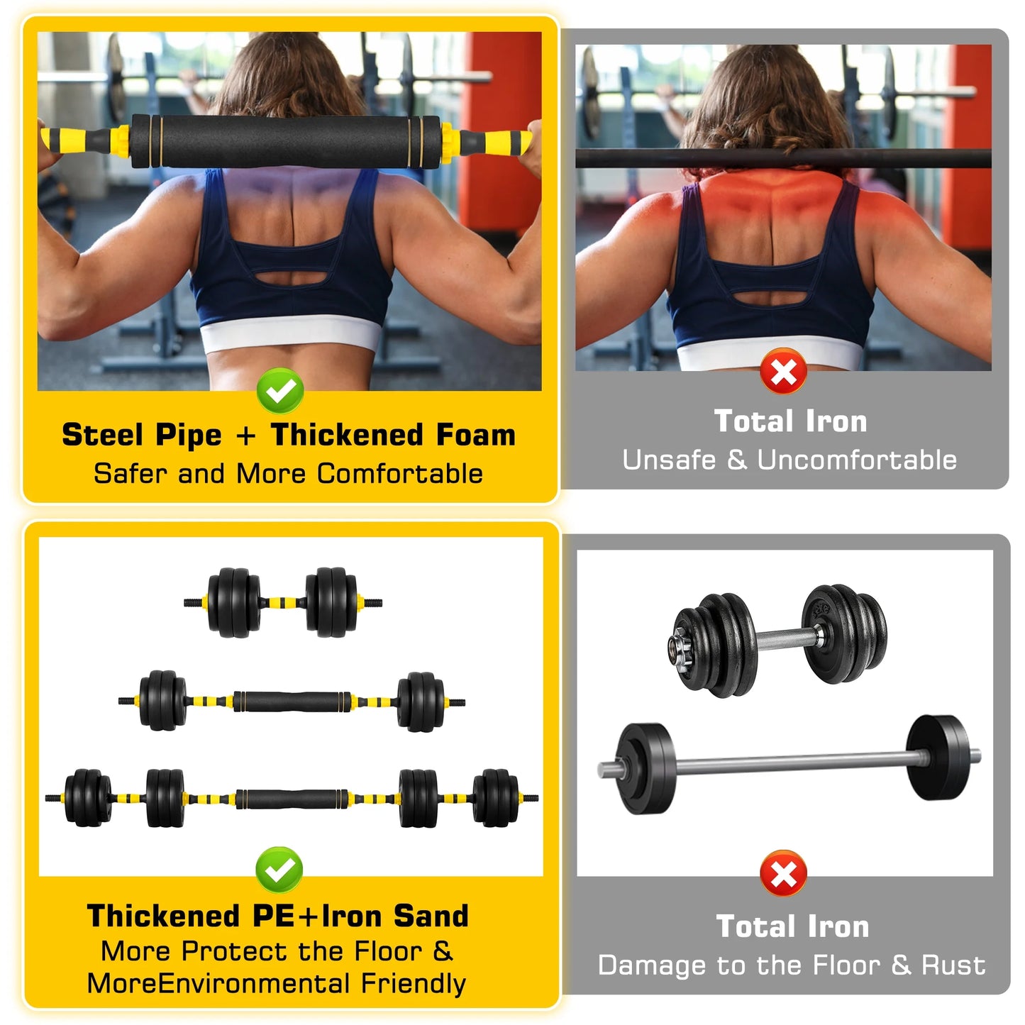 Versatile 66 Lbs Adjustable Dumbbell Barbell Set - 4-in-1 Weight System for Ultimate Home Fitness, Ideal for Men & Women, Bright Yellow Design