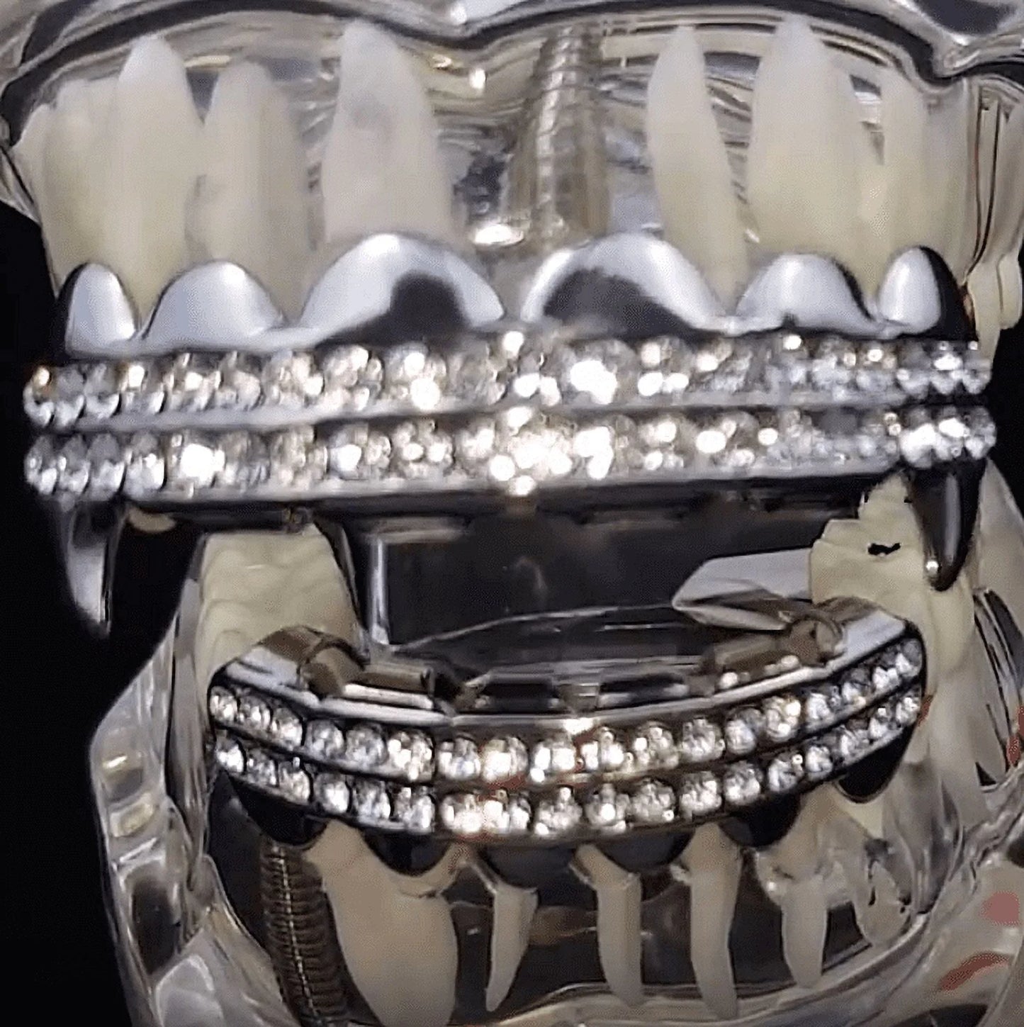 Vampire Fang Grillz Set Two Row Silver Tone Top Fangs & Bottom Teeth Bling Grills